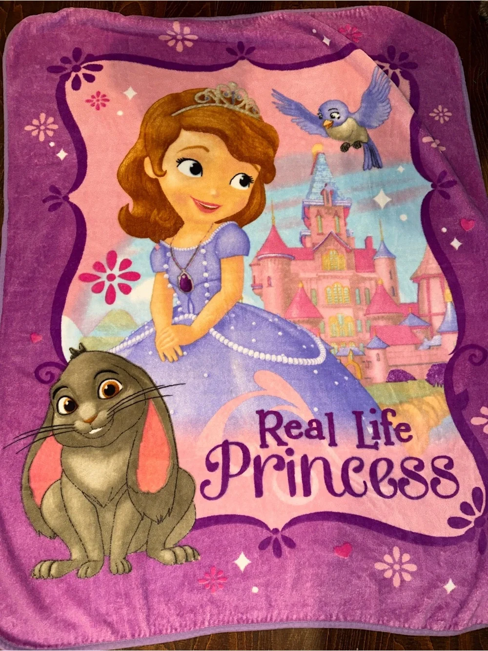 Disney Sofia the First plush throw blanket featuring Sofia and Clover the Rabbit